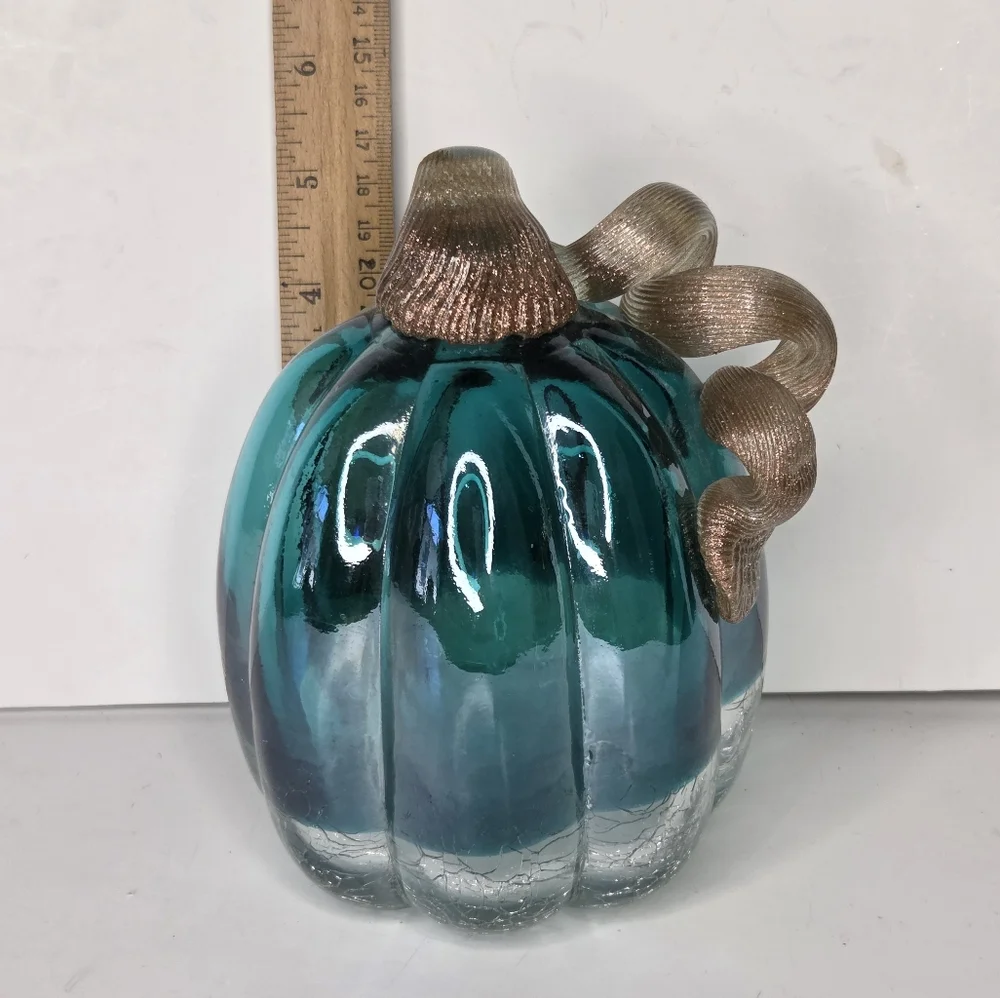 Glitzhome Teal Turquoise Hand Blown Crackle Glass And Glitter Pumpkin Fall Decor